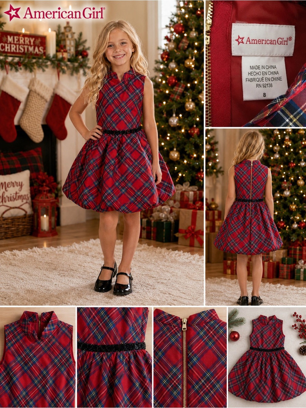 NWOT - 8T - American Girl - Red Plaid Party Dress with Black Waistband
